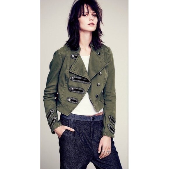 Free People Green Cropped Military Band Jacket 6| Napoleoncore Indie Sleaze Boho - Picture 3 of 16